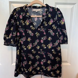 Navy blue floral waffle knit top